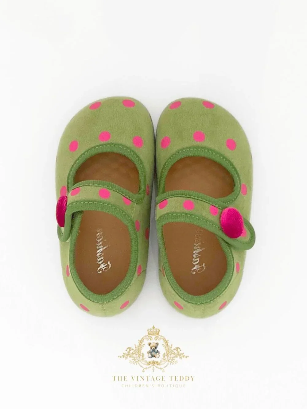 NWT Adorable Girls Flats Children's Shoes Kids Shoes Green & Pink Polkadots 9